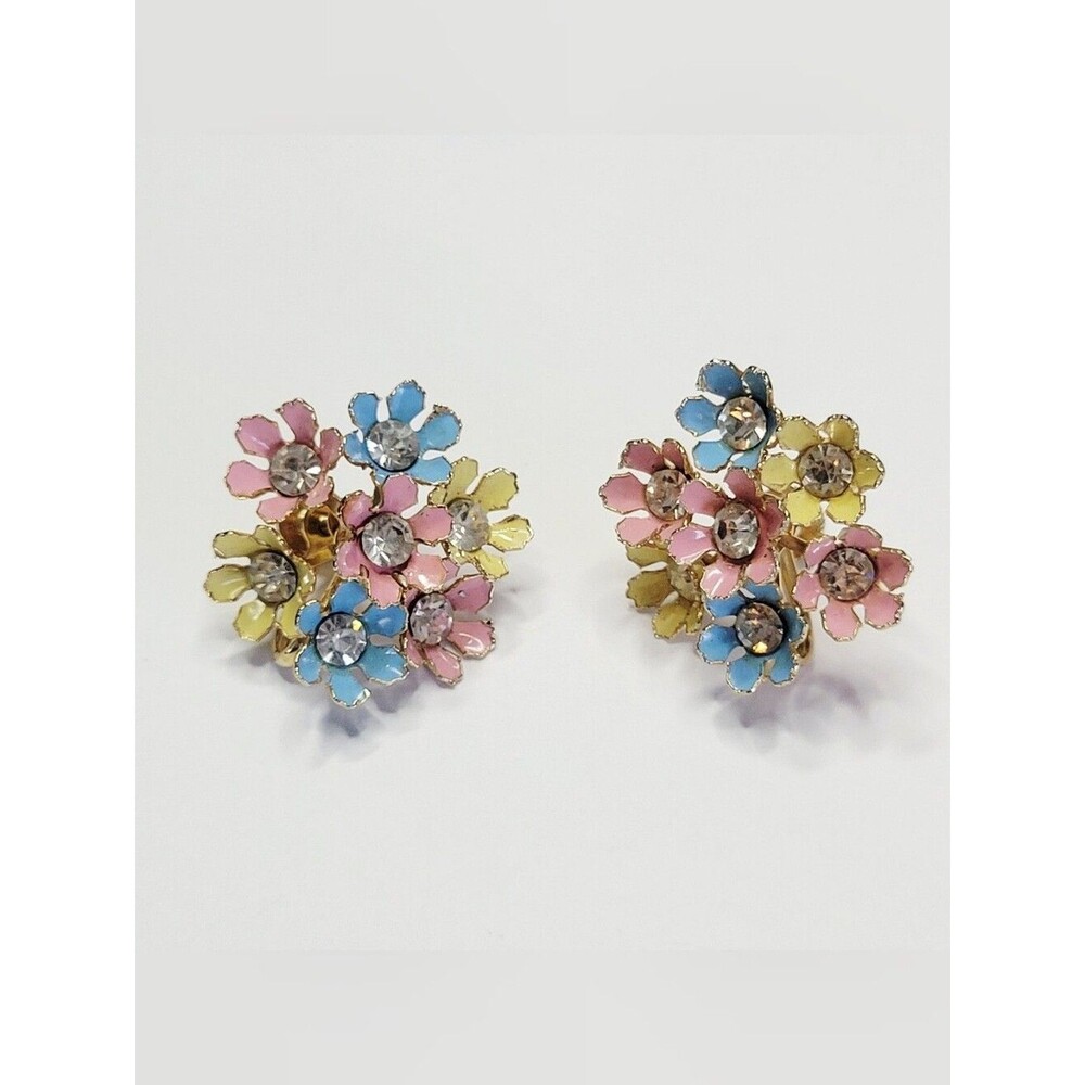 Vintage 40s Coro Enamel Flower Earrings Screw Back Clip On Pink Blue Yellow Gold